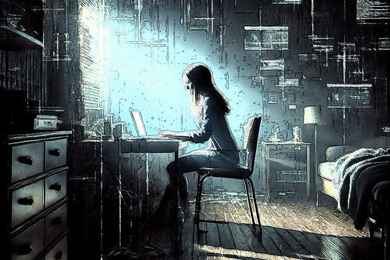 Szene aus dem eBook "Winterstoff" Eine junge Frau sitzt in einem halbdunklen Zimmer an einem Schreibtisch. Überall im Raum schweben seltsame digitale Schriftzeichen.