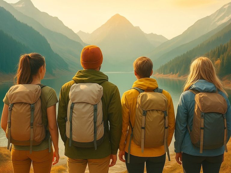 Eine vierköpfige Gruppe Wanderer bewundert das vor ihr liegende Bergpanorama.