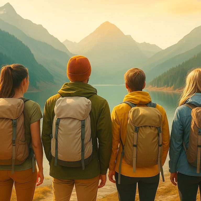 Eine vierköpfige Gruppe Wanderer bewundert das vor ihr liegende Bergpanorama.